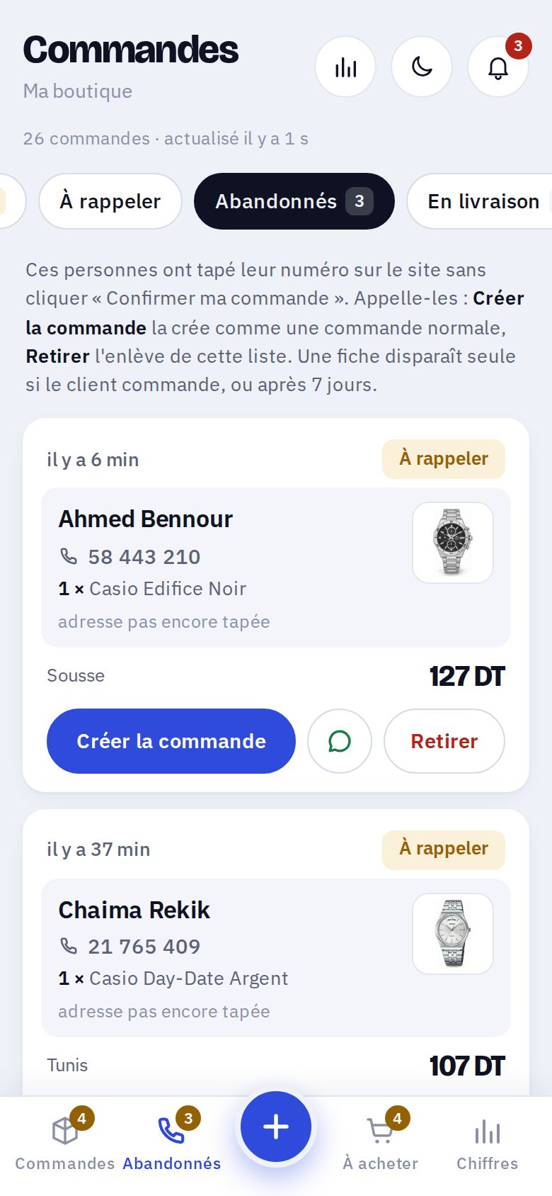 L'onglet Abandonnés : des clients qui ont laissé leur numéro, avec les boutons Créer la commande, WhatsApp et Retirer.