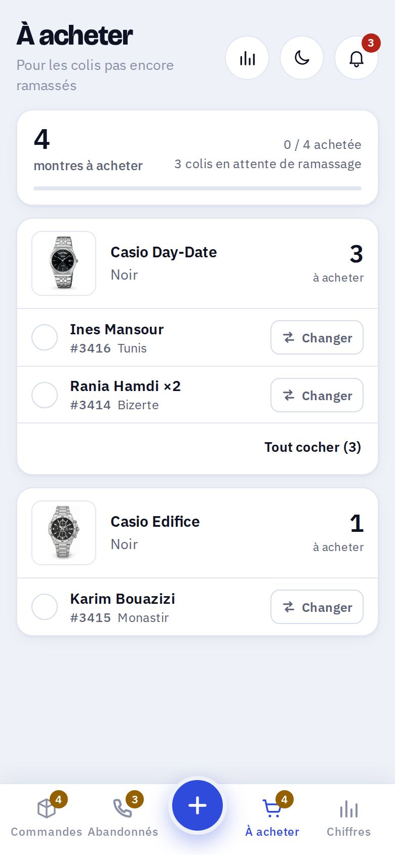 La liste À acheter : chaque produit et couleur, combien en acheter et pour quels clients, avec une case à cocher.