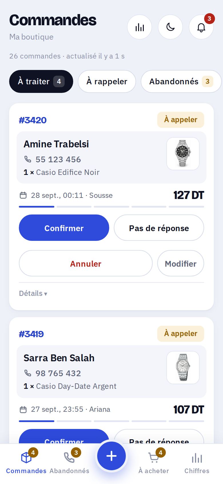 Le tableau des commandes : des clients à appeler, avec leur numéro, la photo de l'article et les boutons Confirmer, Pas de réponse, Annuler et Modifier.